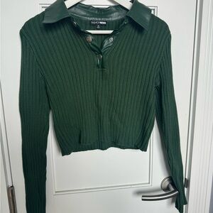 Fashion Nova Forest Green Faux Leather and Ribbed Button Down Sweater